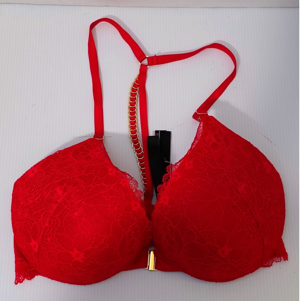 Victoria's Secret Bra 32DD Red Excellent Very Sexy Uplift Plunge Front-Clasp